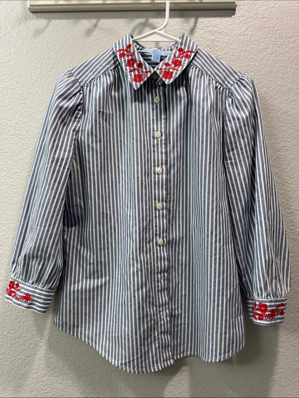 Draper James Blue & White Striped Button-Front Blouse with Red Floral Embroidery